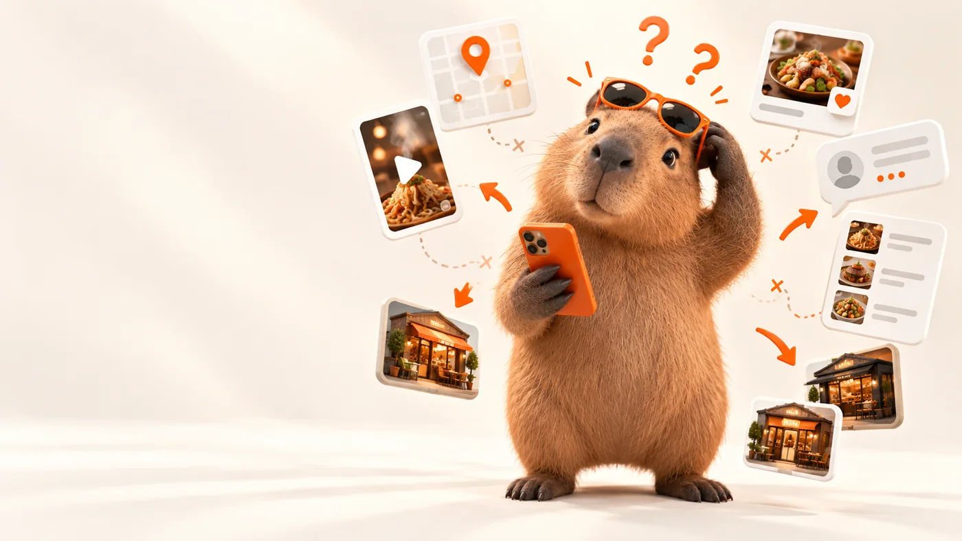 KAPPY the capybara scratching its head, surrounded by maps, reels and reviews