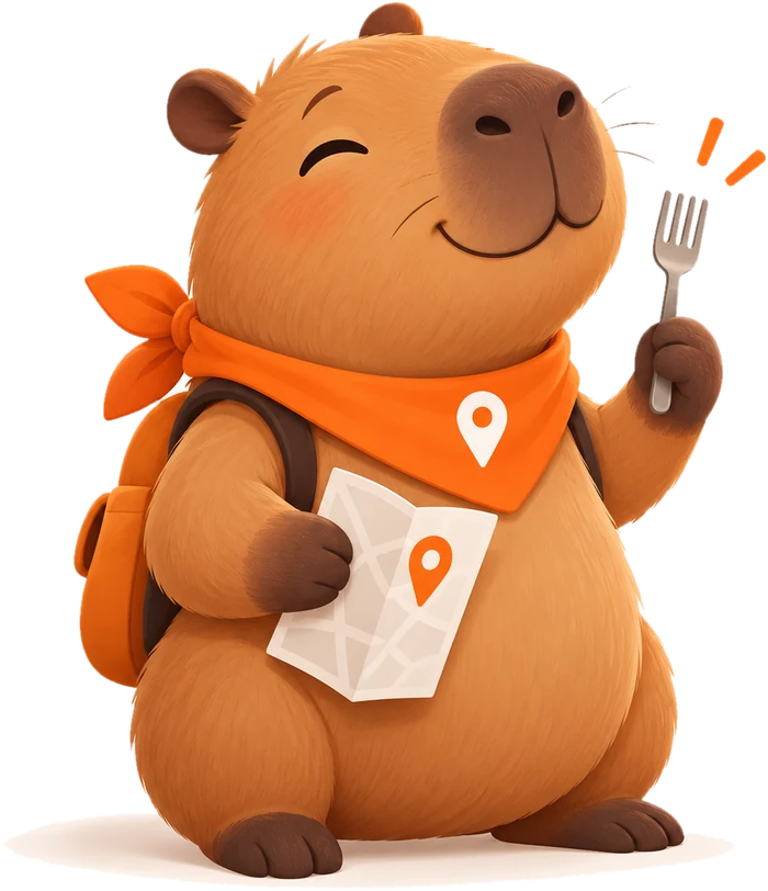 KAPPY the capybara with a map, a bandana and a fork