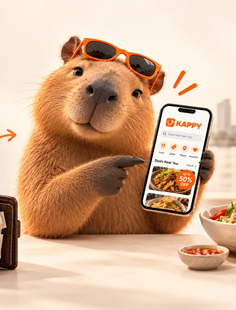KAPPY the capybara, in orange sunglasses, pointing at the KAPPY app on a phone with the Phnom Penh skyline behind