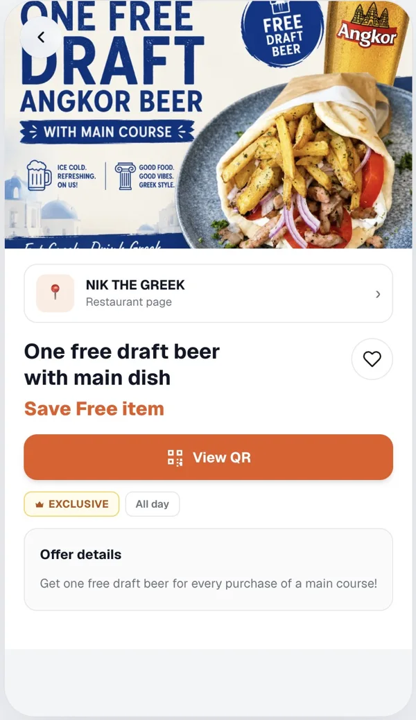 KAPPY beta app: Deal detail for one free draft beer at Nik the Greek, with a View QR button