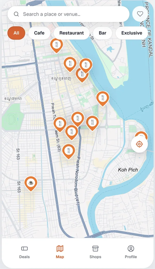 KAPPY beta app: map of Phnom Penh with partner venue pins and filters