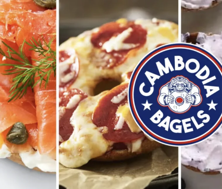 Smoked salmon and pizza bagels with the Cambodia Bagels logo